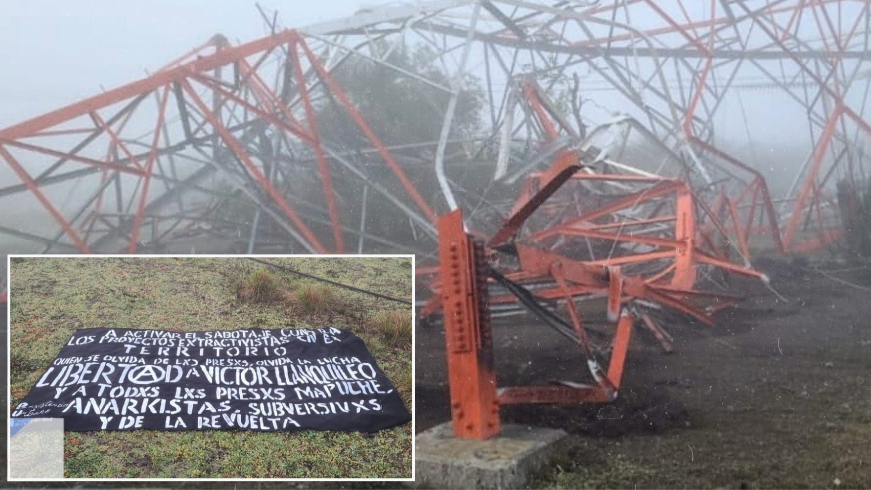 Atentado a torres de alta tensión en el Biobío: Encuentran lienzo anarquista en favor de presos mapuches y del 18-O